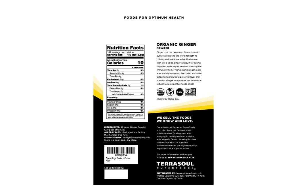 Terrasoul Superfoods Ginger Root Powder    Pack  454 grams